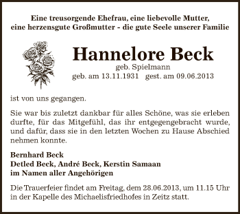 Traueranzeige von Hannelore Beck von Super Sonntag Zeitz