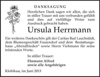 Traueranzeige von Ursula Herrmann von WVG - Wochenspiegel Merseburg