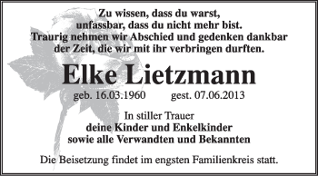 Traueranzeige von Elke Lietzmann von Super Sonntag Wittenberg