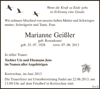 Traueranzeige von Marianne Geißler von Super Sonntag Zeitz