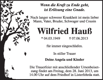 Traueranzeige von Wilfried Hauß von WVG - Wochenspiegel Wittenberg