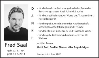 Traueranzeige von Fred Saal von WVG - Wochenspiegel NMB / WSF / ZTZ