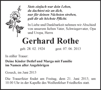 Traueranzeige von Gerhard Rothe von WVG - Wochenspiegel NMB / WSF / ZTZ