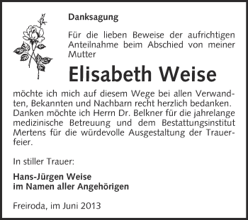 Traueranzeige von Elisabeth Weise von WVG - Wochenspiegel NMB / WSF / ZTZ