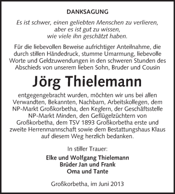 Traueranzeige von Jörg Thielemann von WVG - Wochenspiegel NMB / WSF / ZTZ