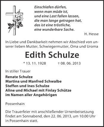 Traueranzeige von Edith Schulze von WVG - Wochenspiegel NMB / WSF / ZTZ