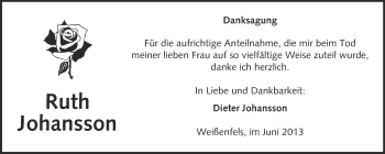 Traueranzeige von Ruth Johansson von WVG - Wochenspiegel NMB / WSF / ZTZ