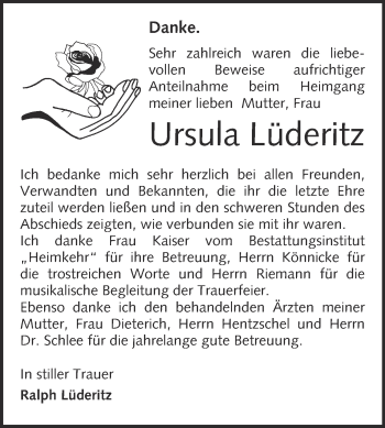 Traueranzeige von Ursula Lüderitz von WVG - Wochenspiegel NMB / WSF / ZTZ