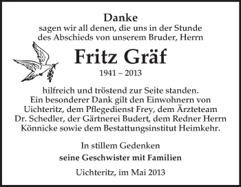 Traueranzeige von Fritz Gräf von WVG - Wochenspiegel NMB / WSF / ZTZ