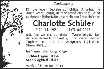 Traueranzeige von Charlotte Schüler von WVG - Wochenspiegel NMB / WSF / ZTZ