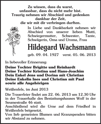 Traueranzeige von Hildegard Wachsmann von WVG - Wochenspiegel NMB / WSF / ZTZ