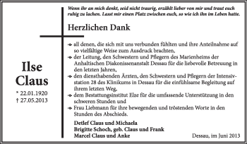 Traueranzeige von Ilse Claus von Super Sonntag Dessau / Köthen