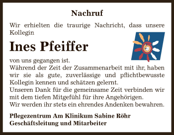 Traueranzeige von Ines Pfeiffer von Super Sonntag Bernburg