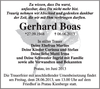 Traueranzeige von Gerhard Boas von WVG - Wochenspiegel Wittenberg
