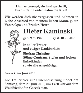 Traueranzeige von Dieter Kaminski von Super Sonntag Merseburg