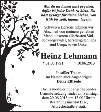 Traueranzeige von Heinz  Lehmann von Super Sonntag Dessau / Köthen