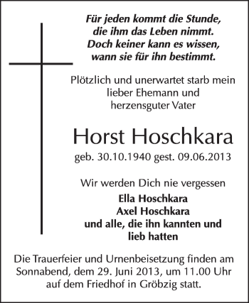 Traueranzeige von Horst Hoschkara von Super Sonntag Dessau / Köthen