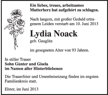 Traueranzeige von Lydia Noack von WVG - Wochenspiegel Wittenberg