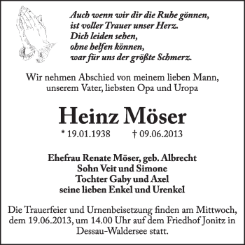 Traueranzeige von Heinz Möser von Super Sonntag Dessau / Köthen