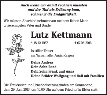 Traueranzeige von Lutz Kettmann von WVG - Wochenspiegel Wittenberg