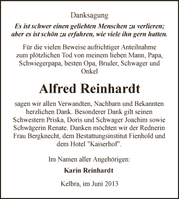 Traueranzeige von Alfred Reinhardt von Super Sonntag SGH Mansf. Land