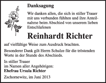 Traueranzeige von Reinhardt Richter von WVG - Wochenspiegel Wittenberg