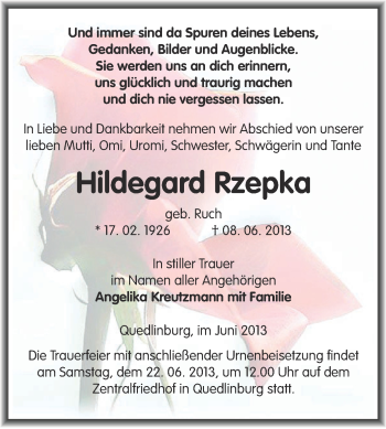 Traueranzeige von Hildegard Rzepka von WVG - Wochenspiegel Quedlinburg