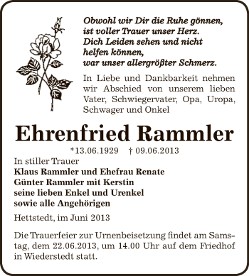Traueranzeige von Ehrenfried Rammler von Super Sonntag SGH Mansf. Land