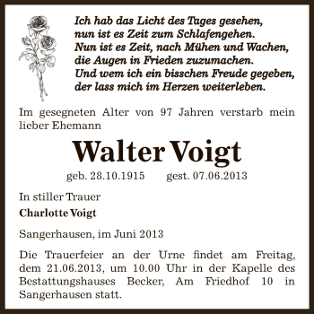 Traueranzeige von Walter Voigt von Super Sonntag SGH Mansf. Land