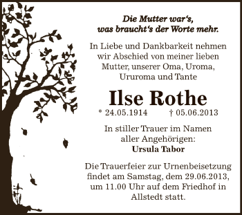 Traueranzeige von Ilse Rothe von Super Sonntag SGH Mansf. Land