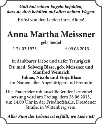 Traueranzeige von Anna Martha Meissner von Super Sonntag Wittenberg