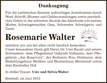 Traueranzeige von Rosemarie Walter von Super Sonntag SGH Mansf. Land