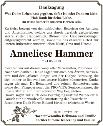 Traueranzeige von Anneliese Hammer von Super Sonntag Bernburg