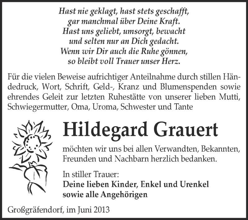  Traueranzeige für Hildegard Grauert vom 16.06.2013 aus Super Sonntag Merseburg