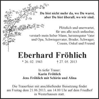 Traueranzeige von Eberhard Fröhlich von WVG - Wochenspiegel Quedlinburg
