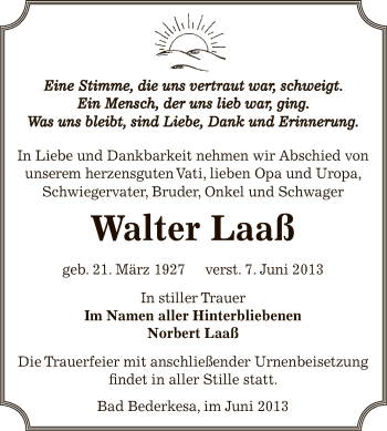 Traueranzeige von Walter Laaß von Super Sonntag Bernburg