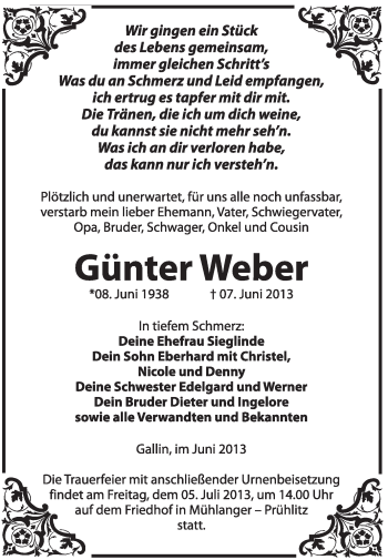Traueranzeige von Günter Weber von WVG - Wochenspiegel Wittenberg