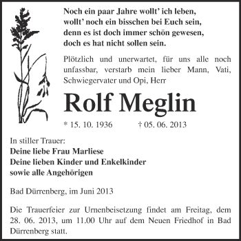Traueranzeige von Rolf Meglin von WVG - Wochenspiegel Merseburg
