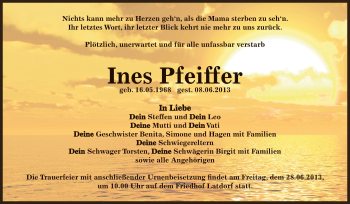 Traueranzeige von Ines Pfeiffer von Super Sonntag Bernburg