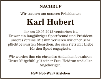 Traueranzeige von Karl Hubert von Super Sonntag Bernburg