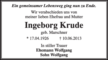 Traueranzeige von Ingeborg Krude von Super Sonntag Dessau / Köthen