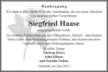 Traueranzeige von Siegfried Haase von WVG - Wochenspiegel Merseburg