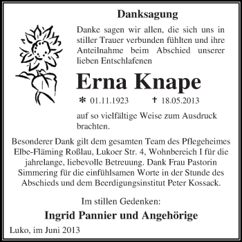 Traueranzeige von Erna Knape von WVG - Wochenspiegel Dessau / Köthen