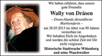 Traueranzeige von Wally von Dräsen von Super Sonntag Wittenberg