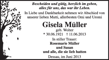 Traueranzeige von Gisela Müller von Super Sonntag Dessau / Köthen