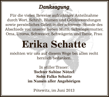 Traueranzeige von Erika Schatte von Super Sonntag Zeitz