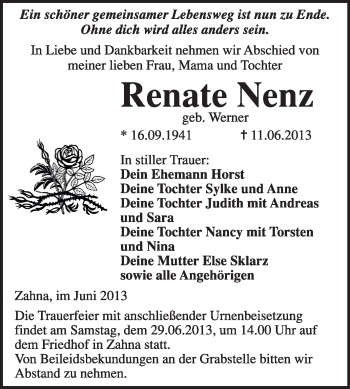 Traueranzeige von Renate Nemz von Super Sonntag Wittenberg