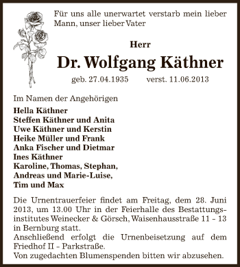 Traueranzeige von Wolfgang Käthner von Super Sonntag Bernburg
