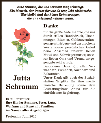Traueranzeige von Jutta Schramm von Super Sonntag Zeitz