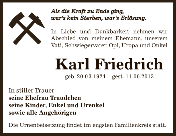 Traueranzeige von Karl Friedrich von Super Sonntag Bernburg